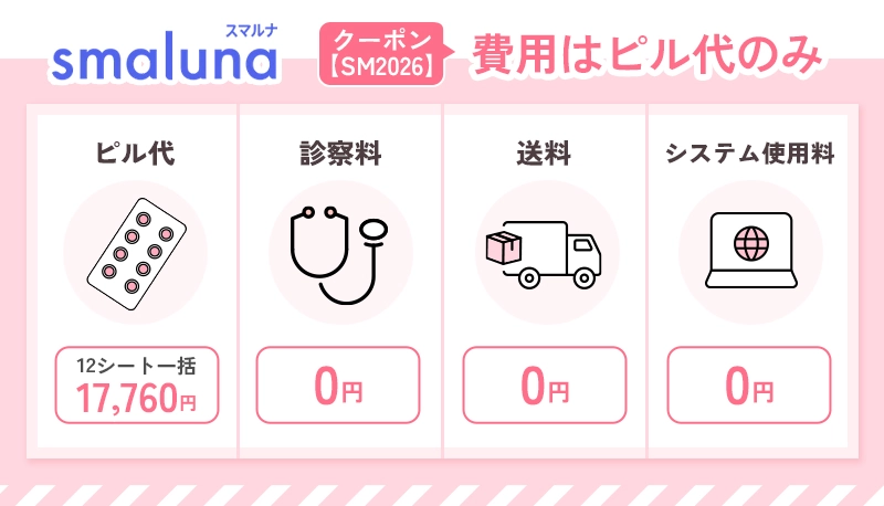 スマルナは12シート一括決済で送料が無料になるため費用はピル代のみの明朗会計